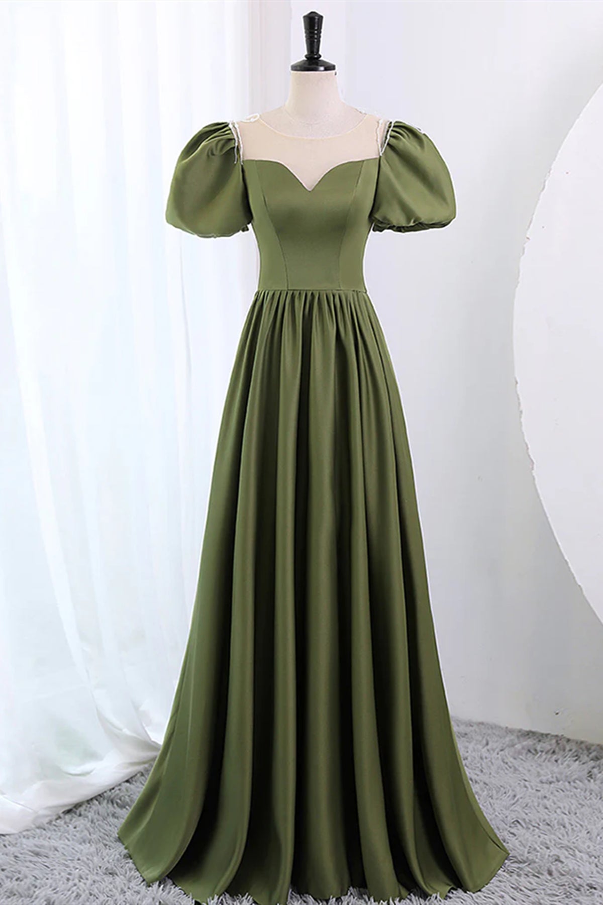 Short Sleeves Scoop Neck Dark Green Satin Prom Dresses, Short Sleeves Green Formal Evening Dresses