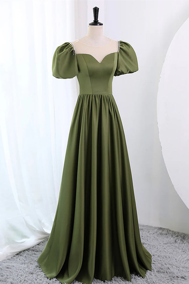 Short Sleeves Scoop Neck Dark Green Satin Prom Dresses, Short Sleeves
