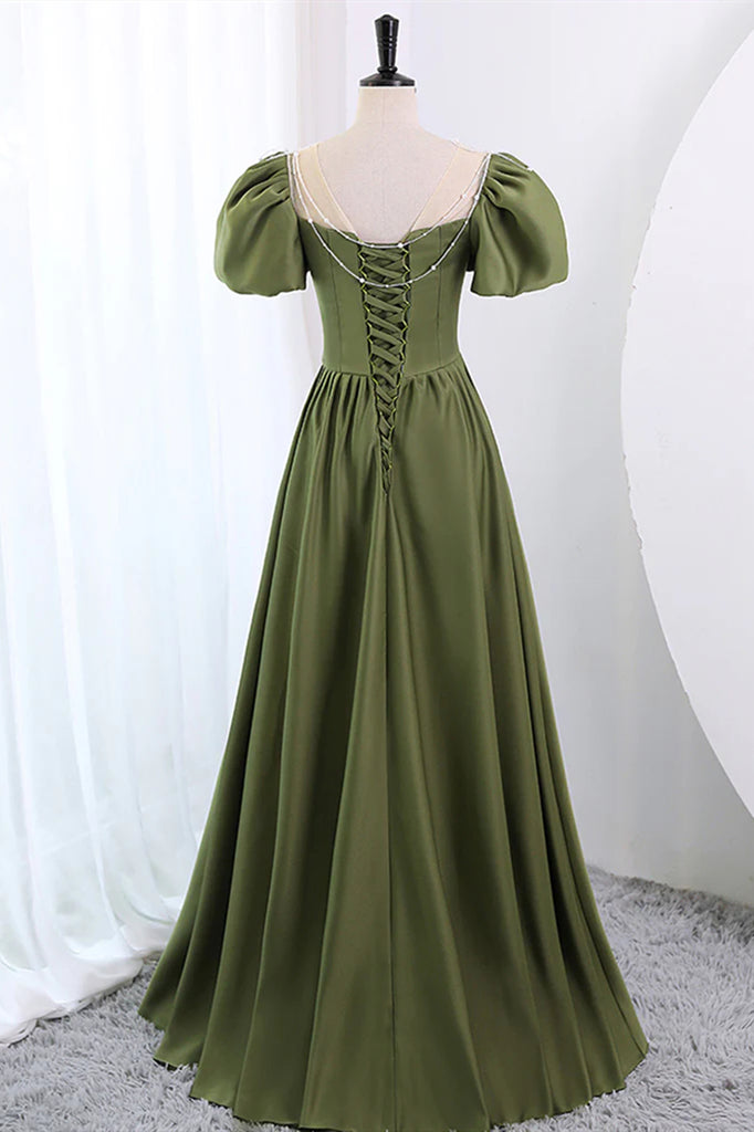 Short Sleeves Scoop Neck Dark Green Satin Prom Dresses, Short Sleeves Eip Collection Short Sleeves Scoop Neck Dark Green Satin Prom Dresses, Short Sleeves Eip Collection