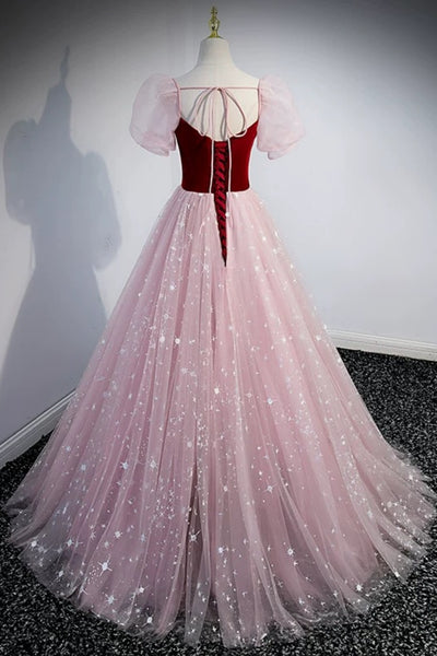 Short Sleeves Shiny Red Pink Long Prom Dresses, Short Sleeves Formal Graduation Dresses