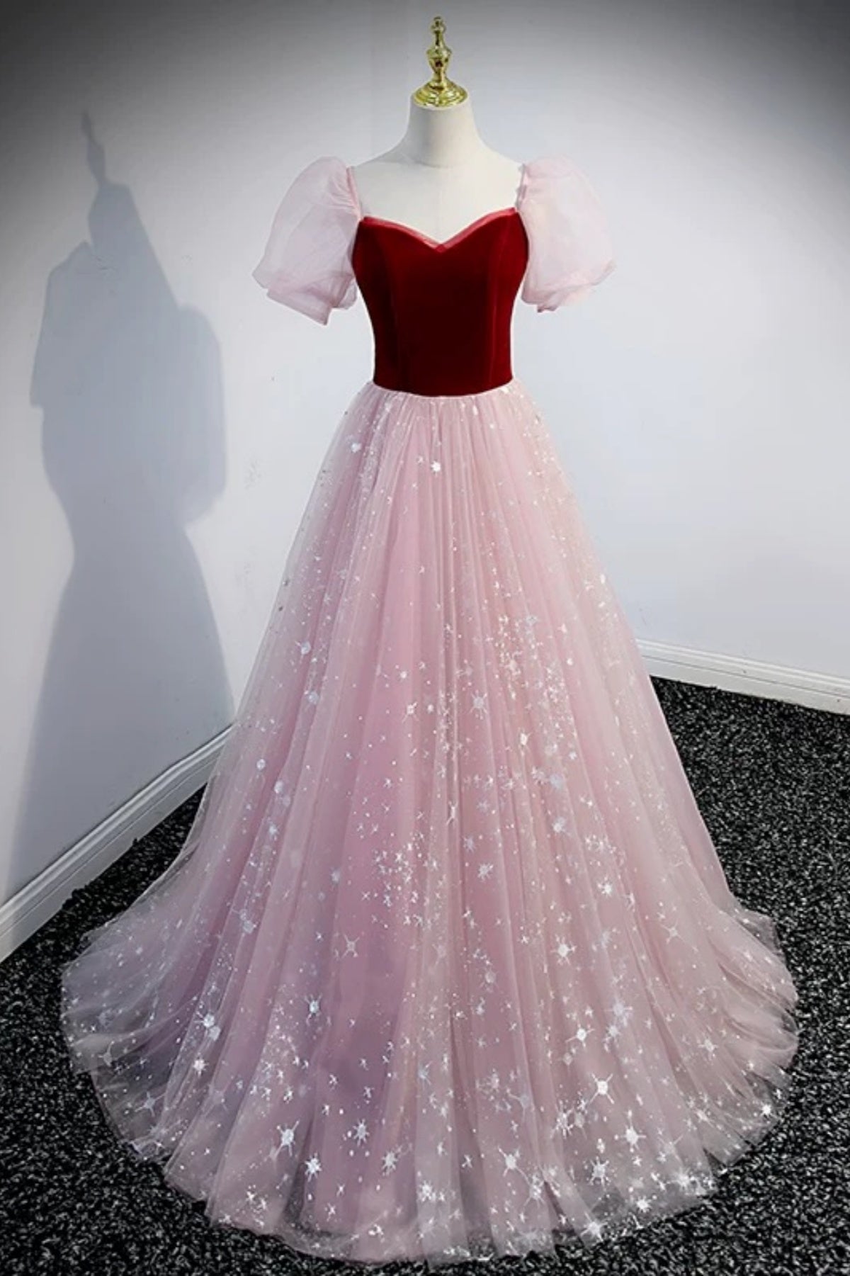 Short Sleeves Shiny Red Pink Long Prom Dresses, Short Sleeves Formal Graduation Dresses