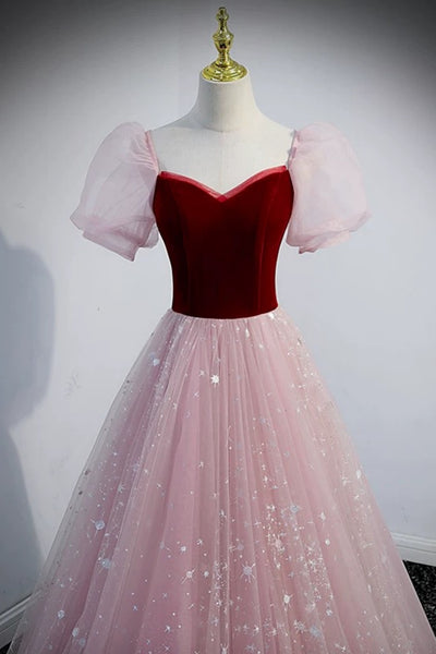 Short Sleeves Shiny Red Pink Long Prom Dresses, Short Sleeves Formal Graduation Dresses