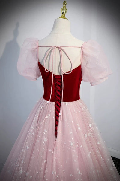 Short Sleeves Shiny Red Pink Long Prom Dresses, Short Sleeves Formal Graduation Dresses