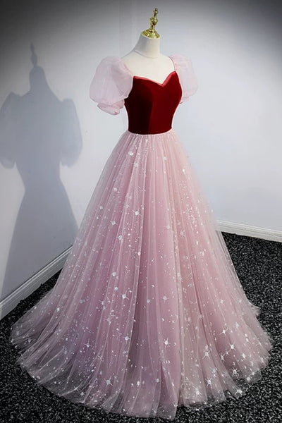 Short Sleeves Shiny Red Pink Long Prom Dresses, Short Sleeves Formal Graduation Dresses