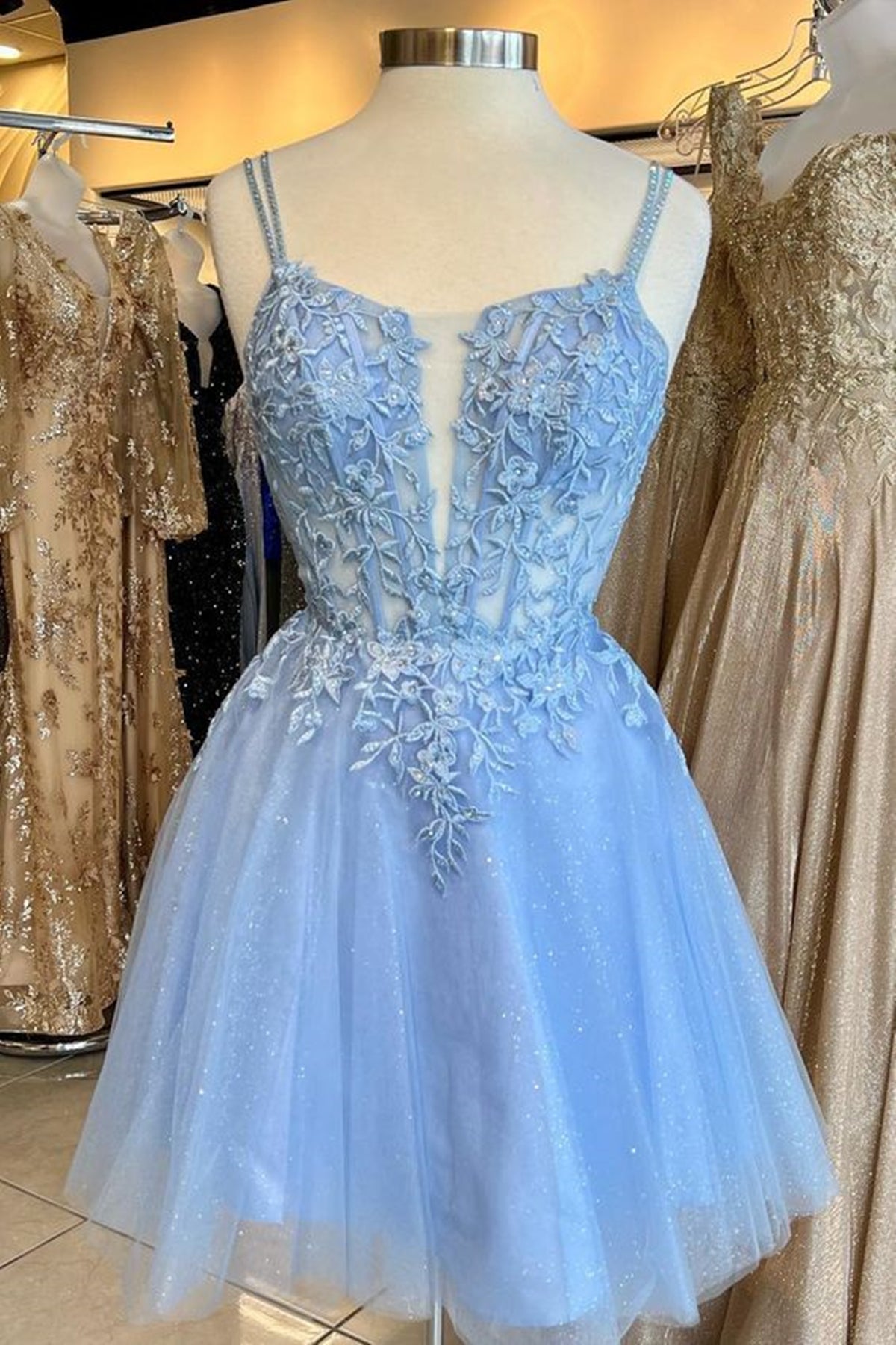 Short V Neck Blue Lace Prom Dresses, V Neck Short Blue Lace Formal Homecoming Dresses