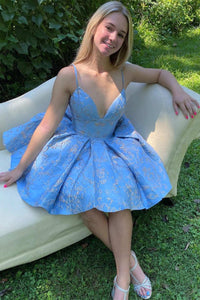 Short V Neck Blue Prom Dresses, Short V Neck Blue Lace Formal Homecoming Dresses