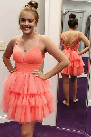 Short V Neck Coral Blue Prom Dresses, V Neck Coral Blue Formal Homecoming Dresses