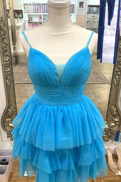 Short V Neck Coral Blue Prom Dresses, V Neck Coral Blue Formal Homecoming Dresses