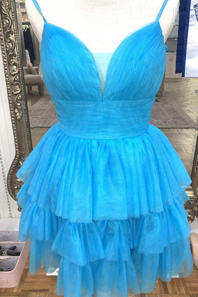 Short V Neck Coral Blue Prom Dresses, V Neck Coral Blue Formal Homecoming Dresses