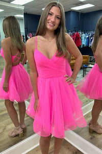 Short V Neck Hot Pink Prom Dresses, Short V Neck Hot Pink Formal Homecoming Dresses