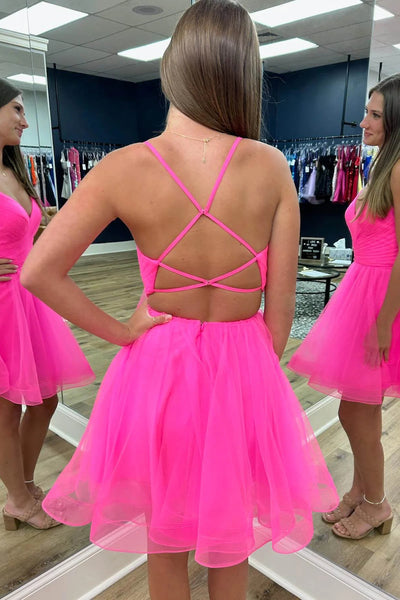 Short V Neck Hot Pink Prom Dresses, Short V Neck Hot Pink Formal Homecoming Dresses