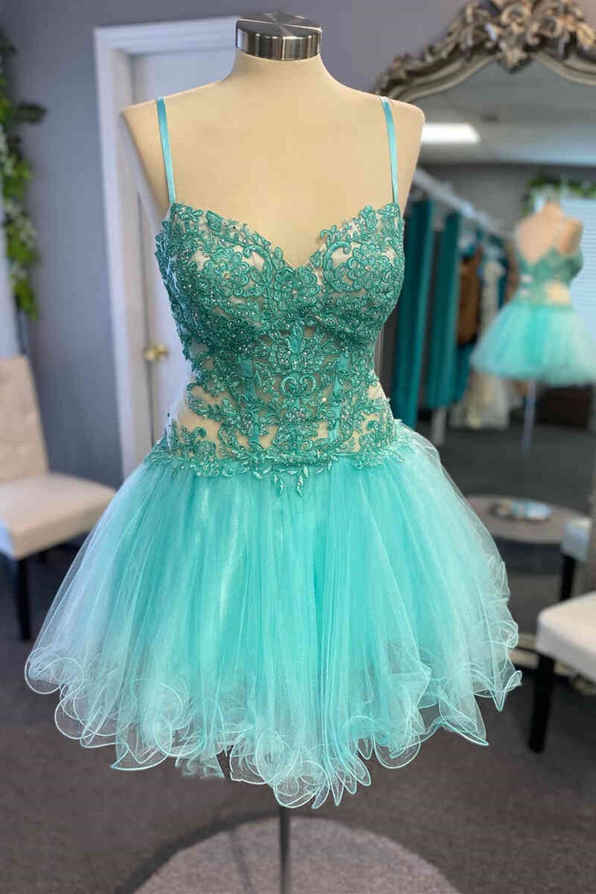 Short V Neck Mint Green Lace Prom Dresses, Short Mint Green Lace Forma –  Eip Collection