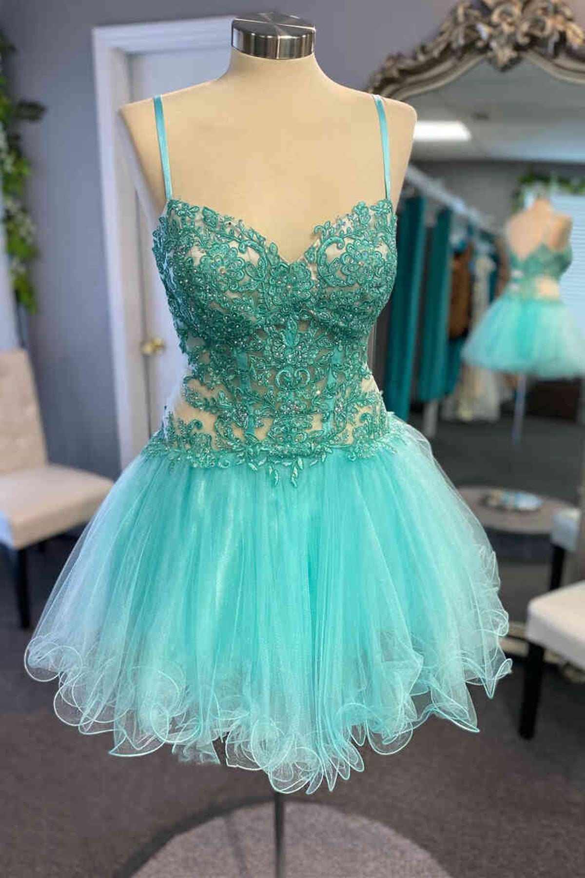 Short V Neck Mint Green Lace Prom Dresses, Short Mint Green Lace