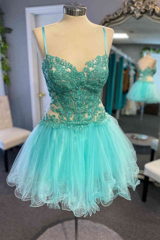 Short V Neck Mint Green Lace Prom Dresses, Short Mint Green Lace Formal Homecoming Dresses