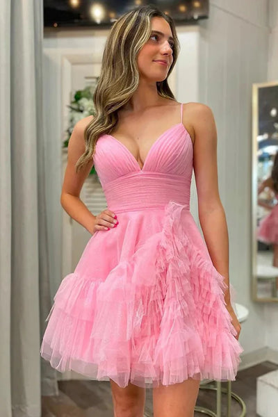 Short V Neck Pink Blue Puffy Prom Dresses, Short V Neck Formal Homecoming Dresses