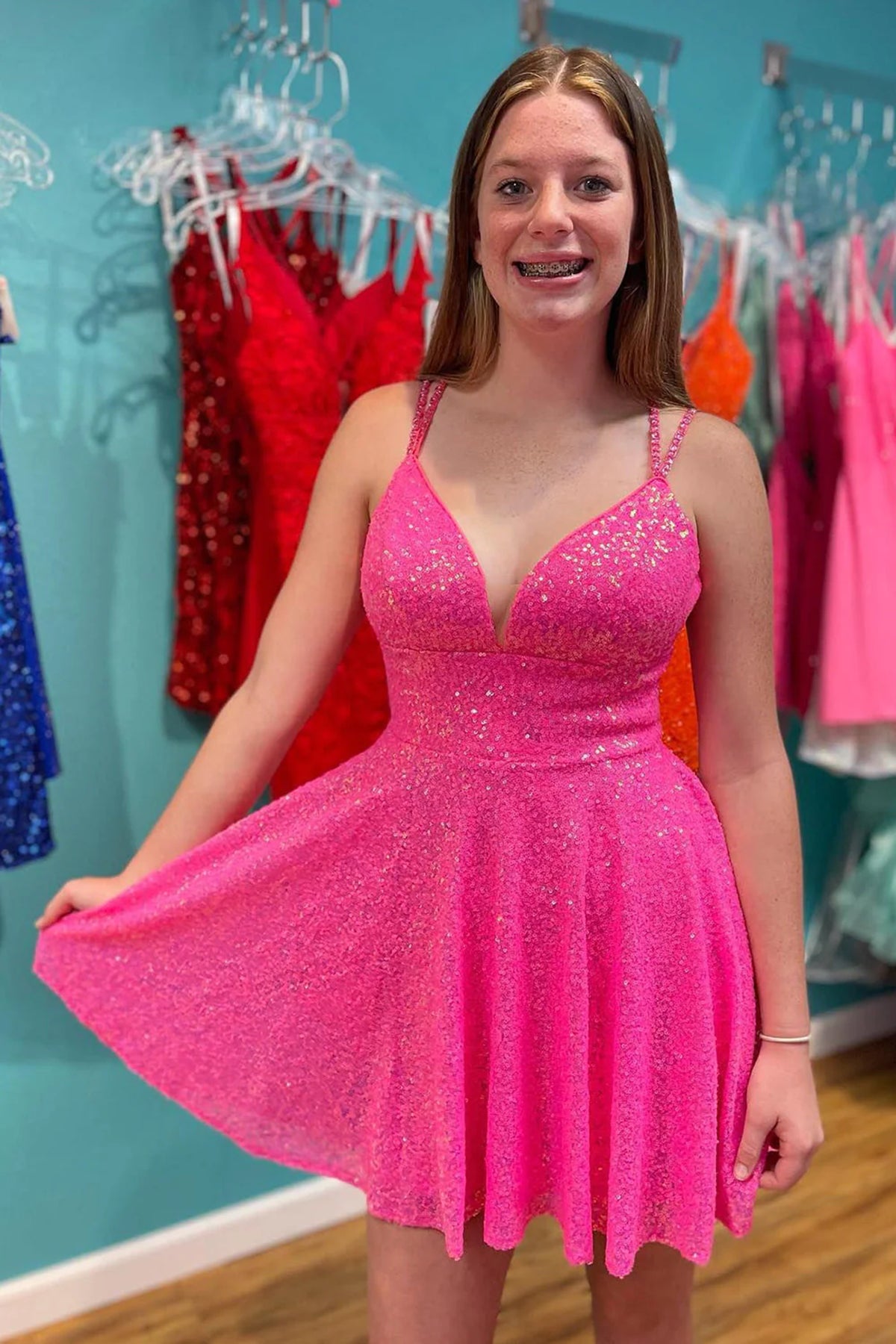 Short V Neck Pink Prom Dresses, Short V Neck Pink Formal Homecoming Dresses