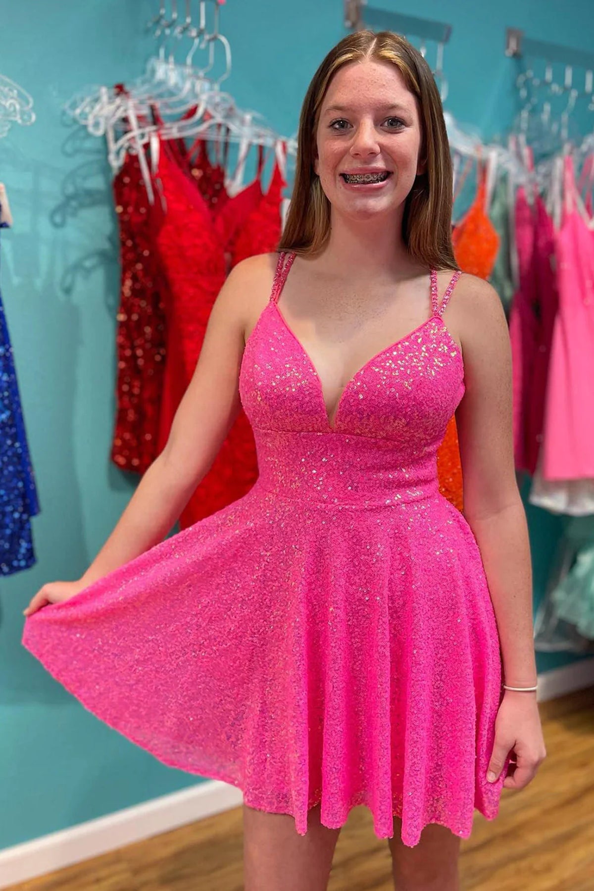 Short V Neck Pink Prom Dresses, Short V Neck Pink Formal Homecoming Dr