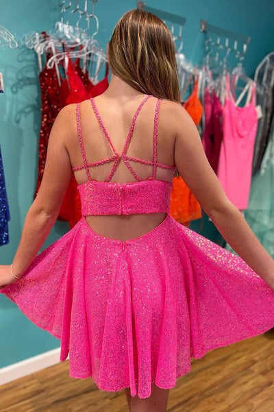 Short V Neck Pink Prom Dresses, Short V Neck Pink Formal Homecoming Dresses