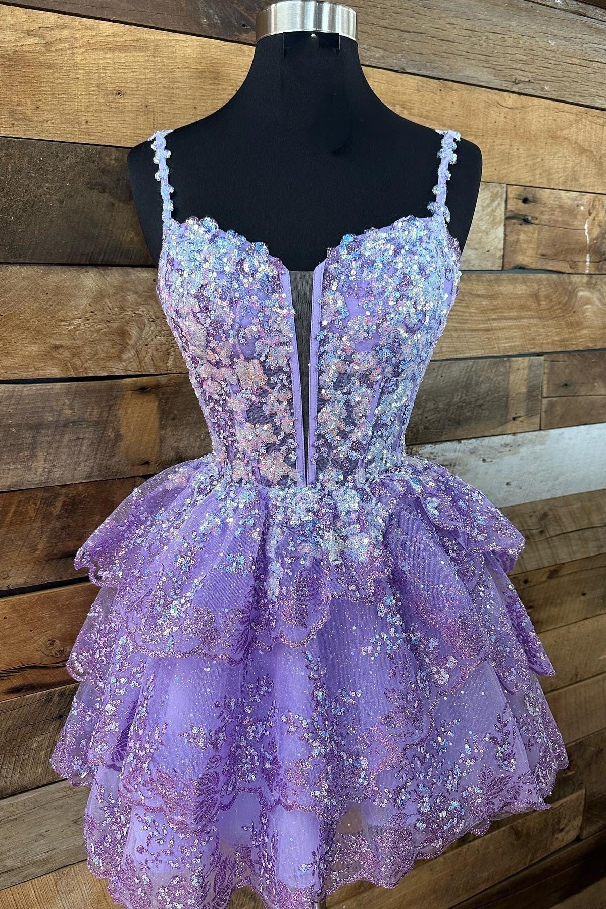 Short V Neck Purple Black Layered Lace Prom Dresses, Layered Lace Formal Homecoming Dresses