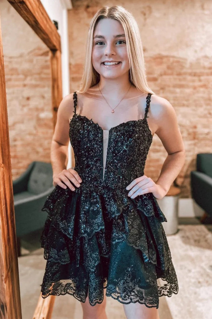 Short V Neck Purple Black Layered Lace Prom Dresses, Layered Lace Form Eip Collection Short V Neck Purple Black Layered Lace Prom Dresses, Layered Lace Form Eip Collection