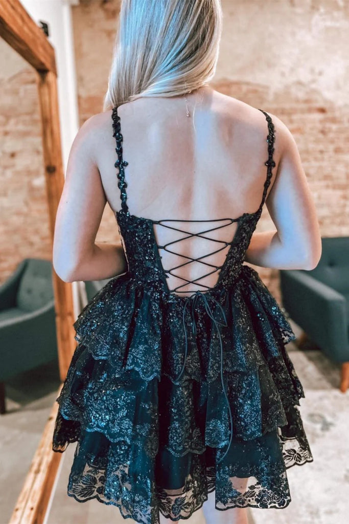 Short V Neck Purple Black Layered Lace Prom Dresses, Layered Lace Form Eip Collection Short V Neck Purple Black Layered Lace Prom Dresses, Layered Lace Form Eip Collection