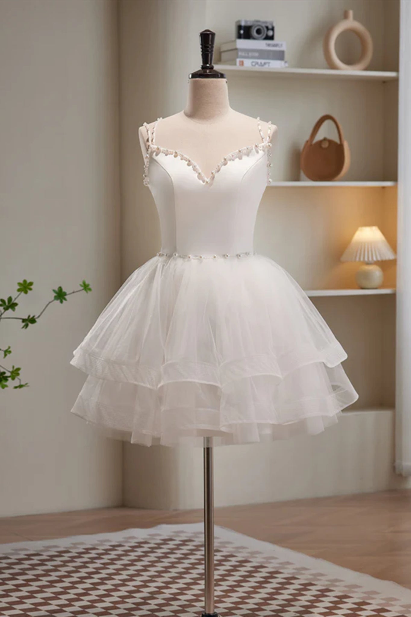 Short V Neck White Prom Dresses, Short V Neck White Formal Homecoming Dresses