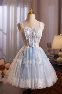 Short Blue Lace Prom Dresses with Straps, Short Blue Lace Formal Homecoming Dresses