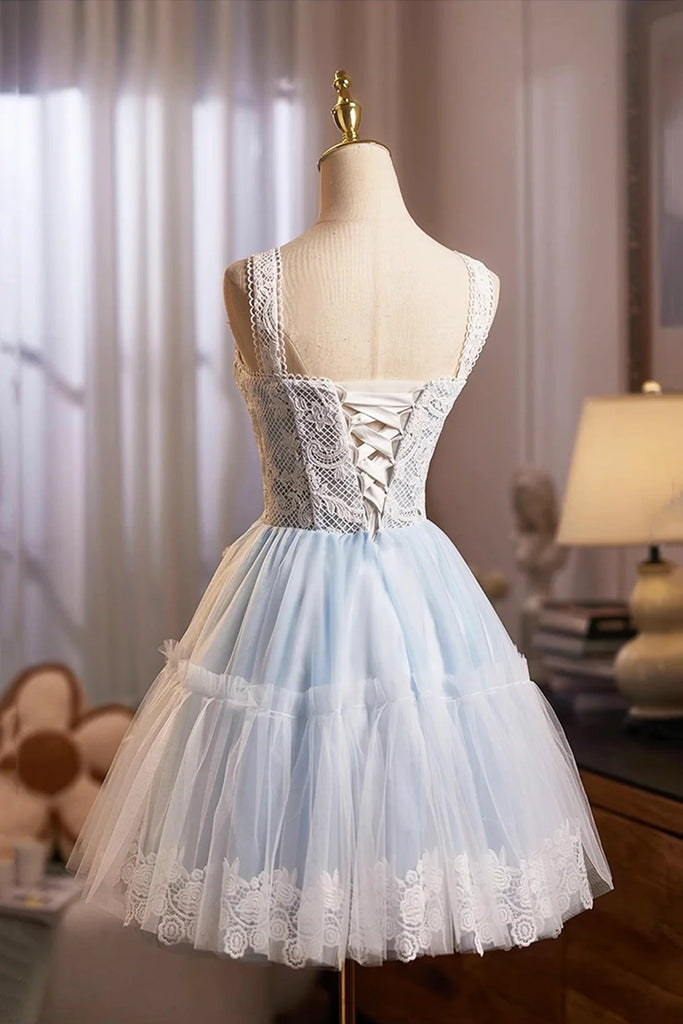 Short Blue Lace Prom Dresses with Straps, Short Blue Lace Formal Homec