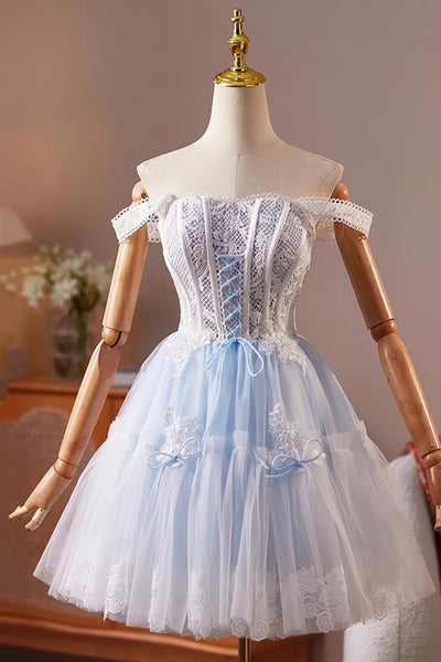 Short Blue Lace Prom Dresses with Straps, Short Blue Lace Formal Homecoming Dresses