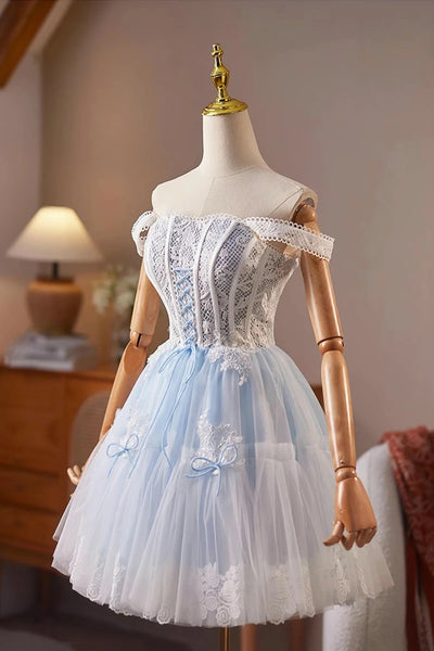 Short Blue Lace Prom Dresses with Straps, Short Blue Lace Formal Homecoming Dresses