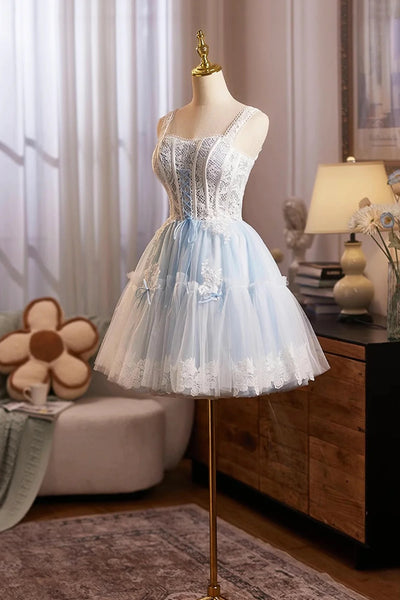 Short Blue Lace Prom Dresses with Straps, Short Blue Lace Formal Homecoming Dresses