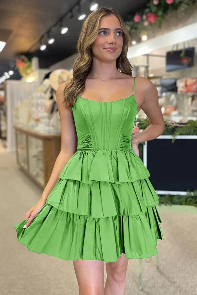 Simple Backless Layered Satin Black/Green Prom Dresses, Short Black/Gr Eip Collection Simple Backless Layered Satin Black/Green Prom Dresses, Short Black/Gr Eip Collection