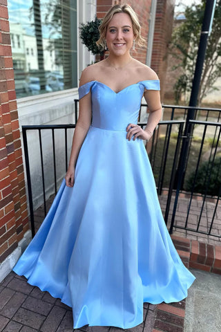 Simple Off Shoulder Light Blue Satin Long Prom Dresses, Light Blue Formal Graduation Evening Dresses