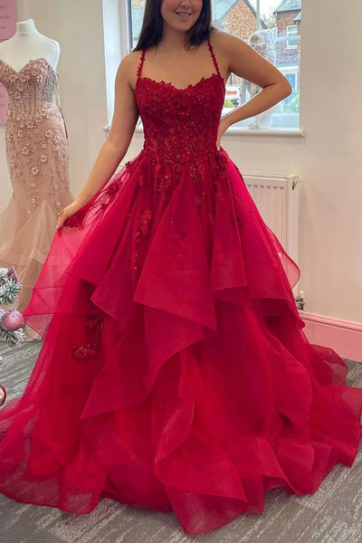 Spaghetti Straps Burgundy Lace Applique Ruffle Prom Dresses, Wine Red Lace Applique Formal Evening Dresses