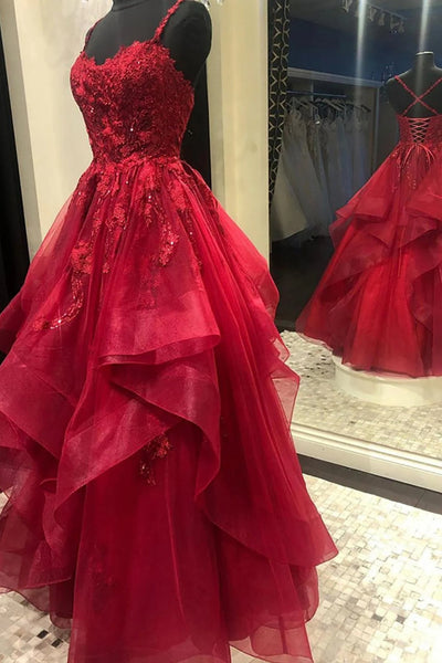 Spaghetti Straps Burgundy Lace Applique Ruffle Prom Dresses, Wine Red Lace Applique Formal Evening Dresses