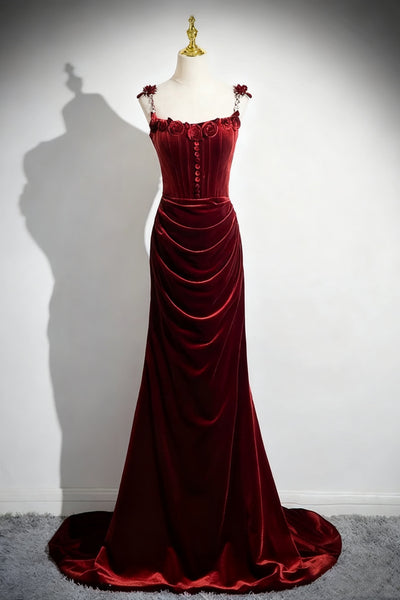  Spaghetti Straps Burgundy Mermaid Velvet Long Prom Dresses, Burgundy Mermaid Long Formal Evening Dresses