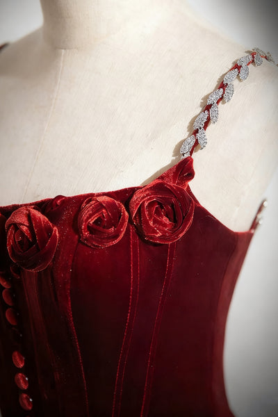  Spaghetti Straps Burgundy Mermaid Velvet Long Prom Dresses, Burgundy Mermaid Long Formal Evening Dresses