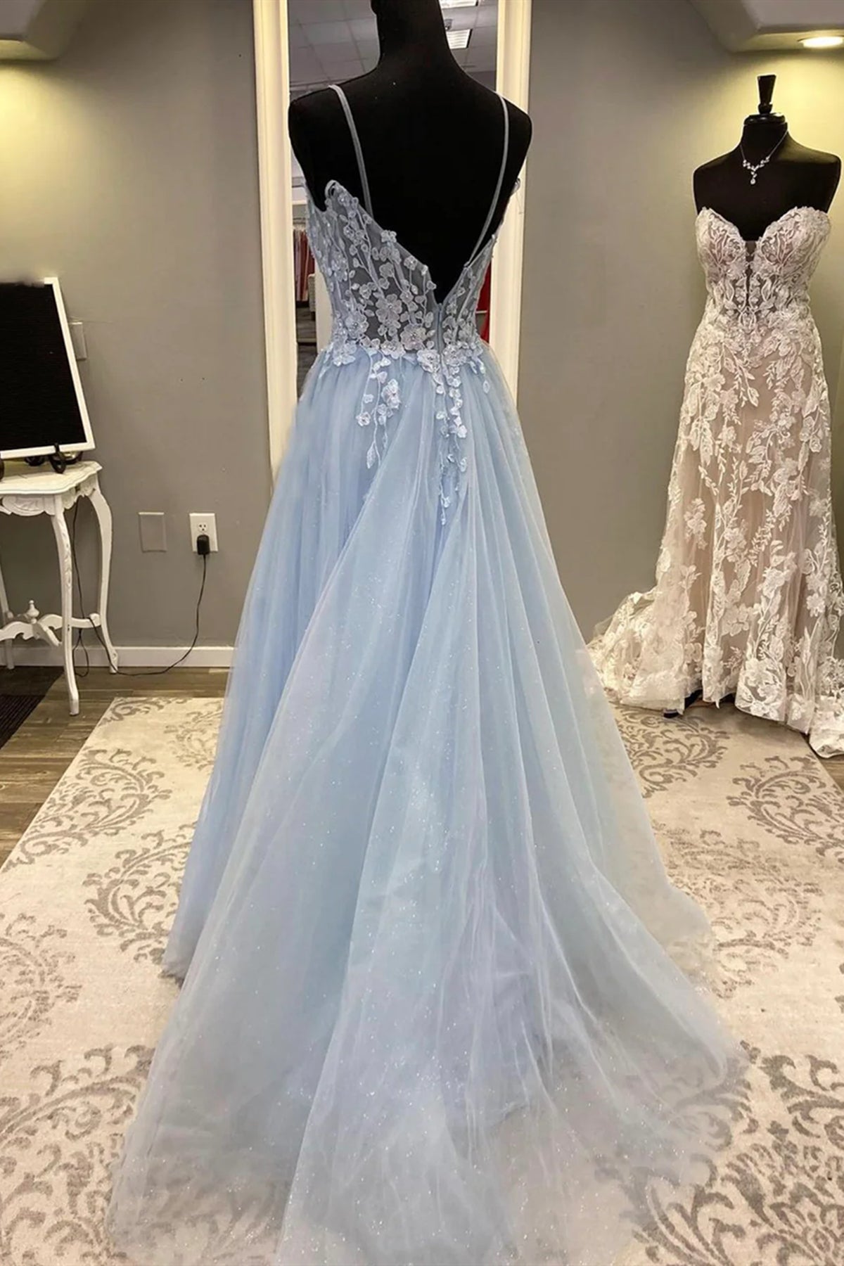 Spaghetti Straps Light Blue Lace Prom Dresses, Light Blue Lace Formal