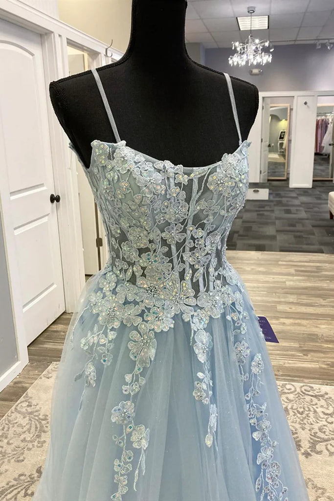 Spaghetti Straps Light Blue Lace Prom Dresses, Light Blue Lace Formal