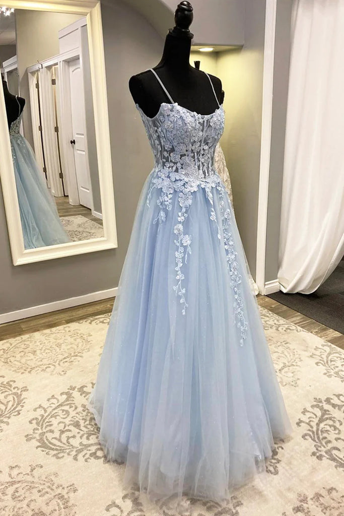 Spaghetti Straps Light Blue Lace Prom Dresses, Light Blue Lace Formal