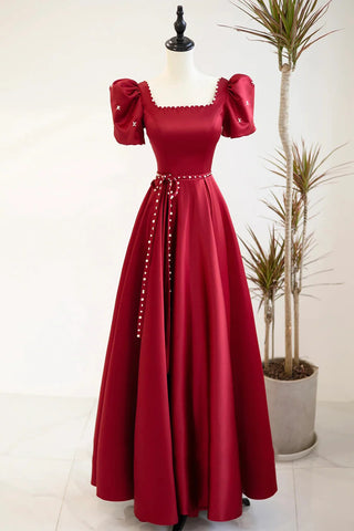 Square Neck Burgundy Long Prom Dresses, Wine Red Long Formal Evening Dresses