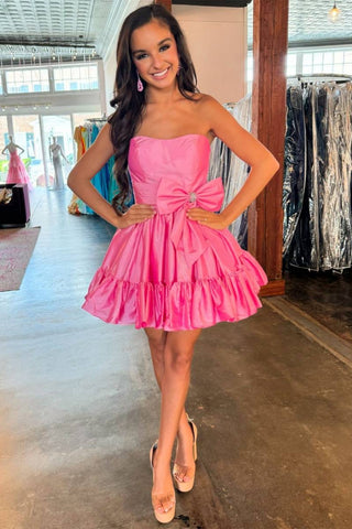 Strapless A-line Taffeta Short Prom Dress with Bow, Short Red Pink Green Graduation Homecoming Dresses