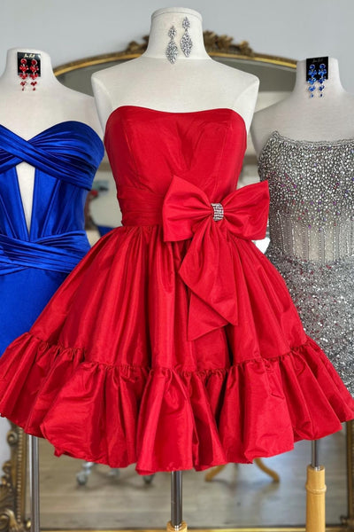 Strapless A-line Taffeta Short Prom Dress with Bow, Short Red Pink Green Graduation Homecoming Dresses