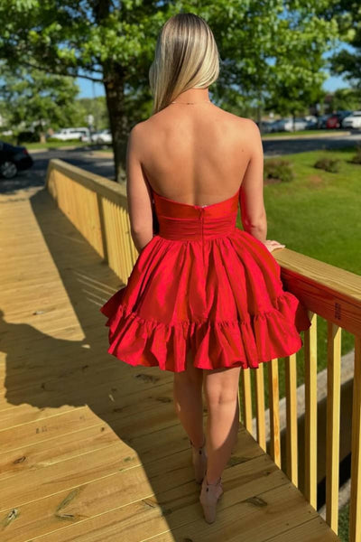 Strapless A-line Taffeta Short Prom Dress with Bow, Short Red Pink Green Graduation Homecoming Dresses