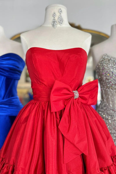 Strapless A-line Taffeta Short Prom Dress with Bow, Short Red Pink Green Graduation Homecoming Dresses