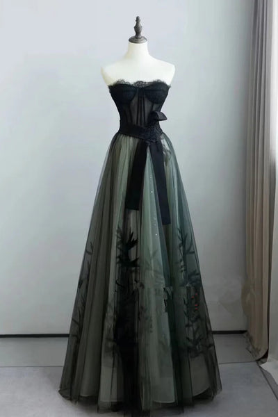 Strapless A Line Green and Black Long Prom Dresses, Black Green Long Formal Dresses