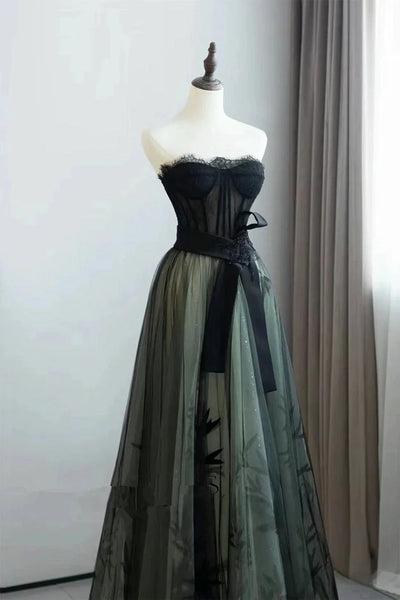 Strapless A Line Green and Black Long Prom Dresses, Black Green Long Formal Dresses