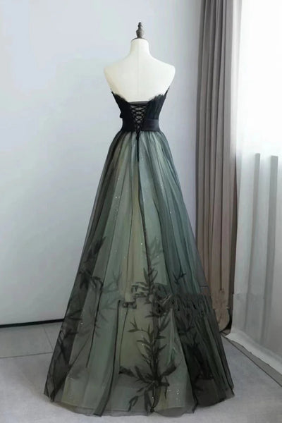 Strapless A Line Green and Black Long Prom Dresses, Black Green Long Formal Dresses