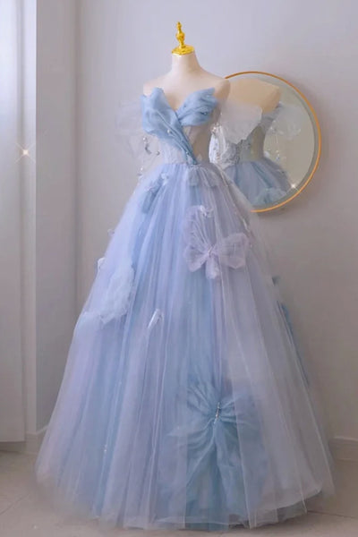 Strapless A Line Light Blue Prom Dresses with Butterfly, Light Blue Tulle Long Formal Evening Dresses