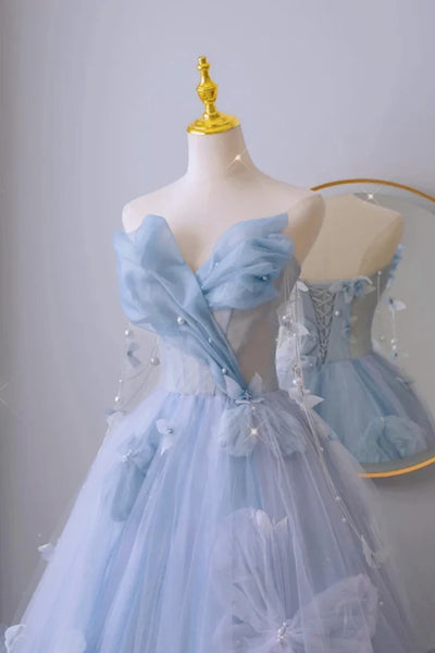 Strapless A Line Light Blue Prom Dresses with Butterfly, Light Blue Tulle Long Formal Evening Dresses